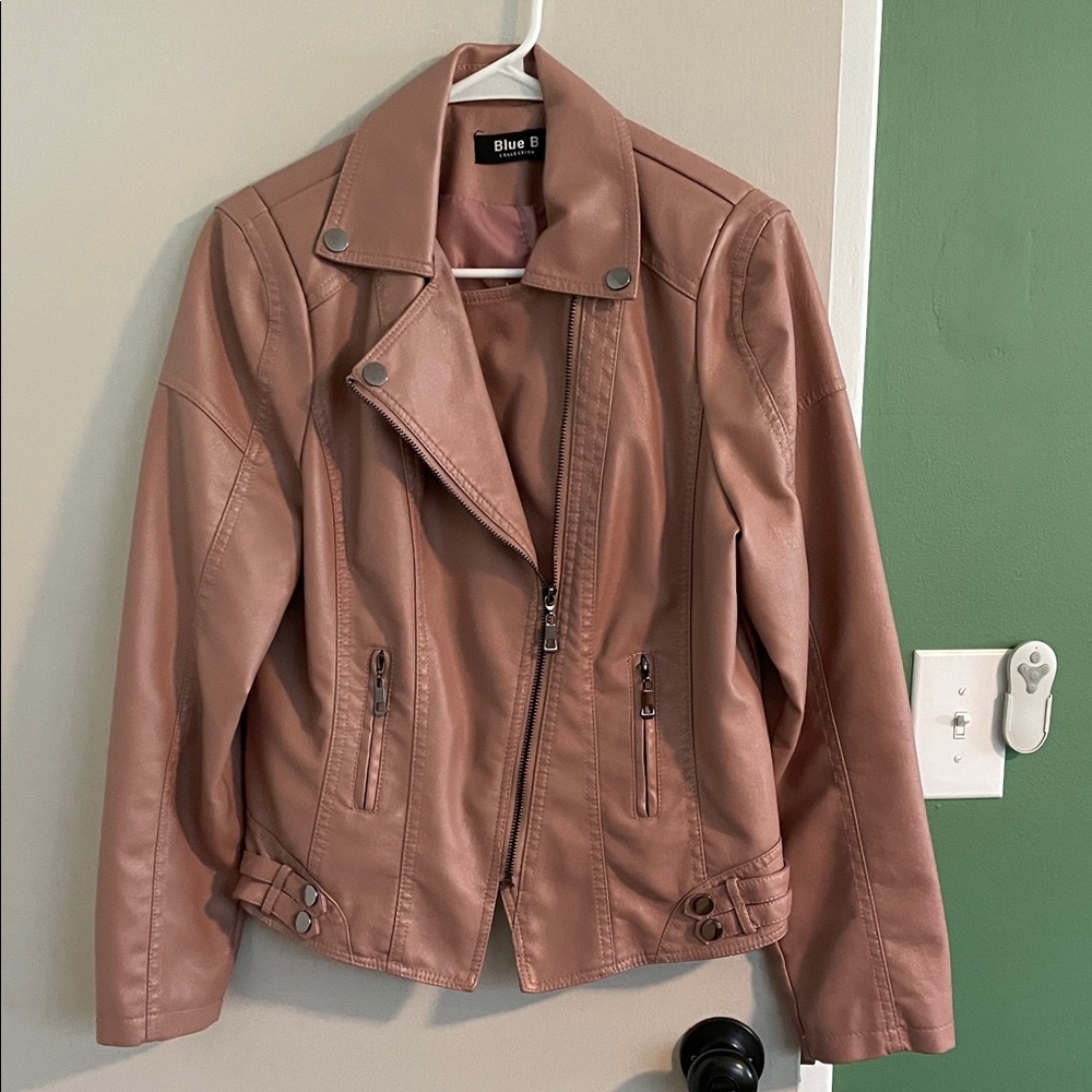 Blue B Pink Faux Leather Jacket, Size says L, fits like M